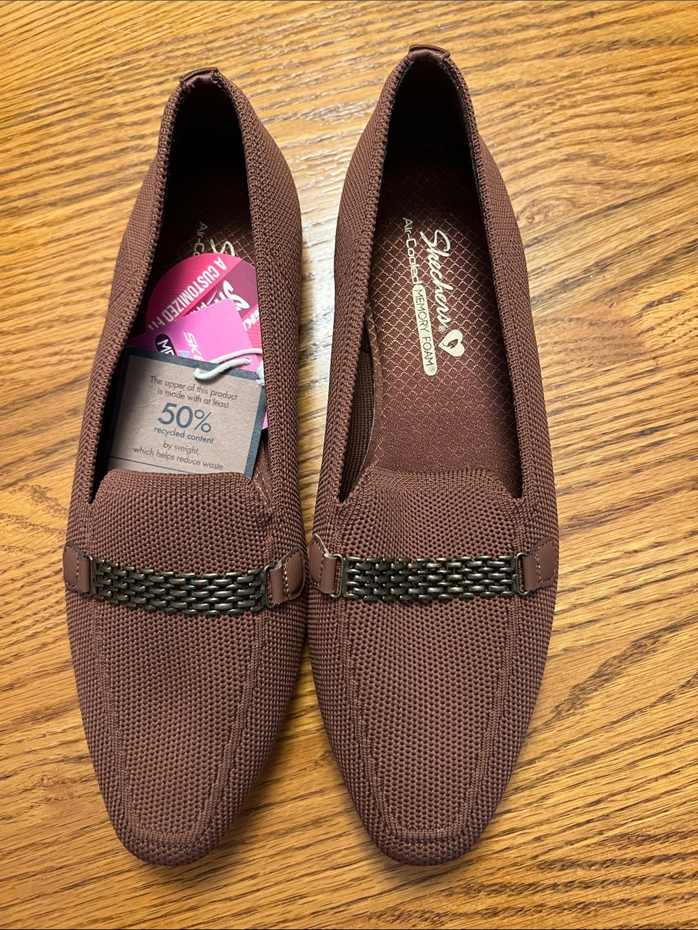 Skechers Women's Brown Knit Slip-On Loafers with Metal Accent